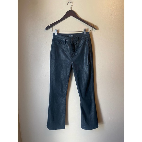 7 For All Mankind Wax Coated High Waist Slim Kick Flare Faux Leather in Black - Picture 7 of 14